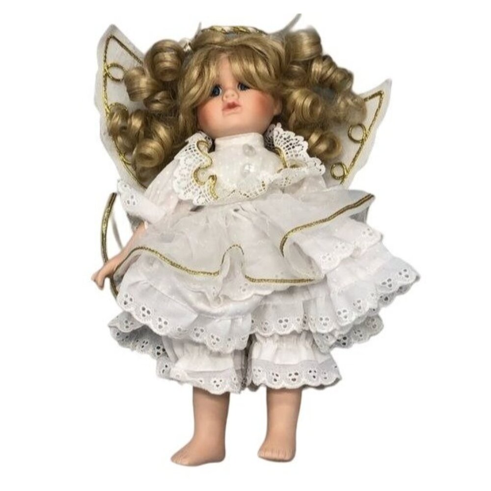 Angle white gold trim blond lace wings china doll 11" tall READ